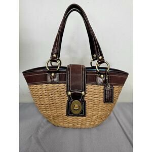 Coach 10728 Legacy Natural Woven Straw Espresso Leather Trim Basket Tote Bag